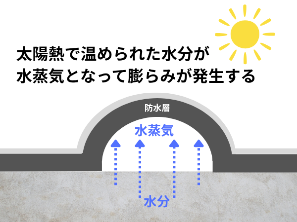 防水層が膨らむメカニズム　太陽熱で温められた水分が水蒸気となって膨らみが発生する